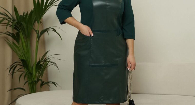 Приталенная модель платья со вставками ЭКО кожи с карманами. Ткань: Креп/Эко кожа